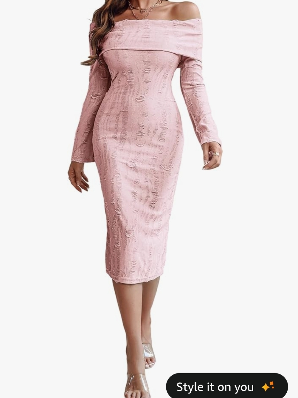 ChicMe Off The Shoulder Distressed Brown Midi Dress